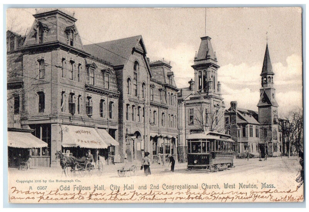 1905 Odd Fellows Hall City Hall & 2nd Congregational Church Newton MA Postcard