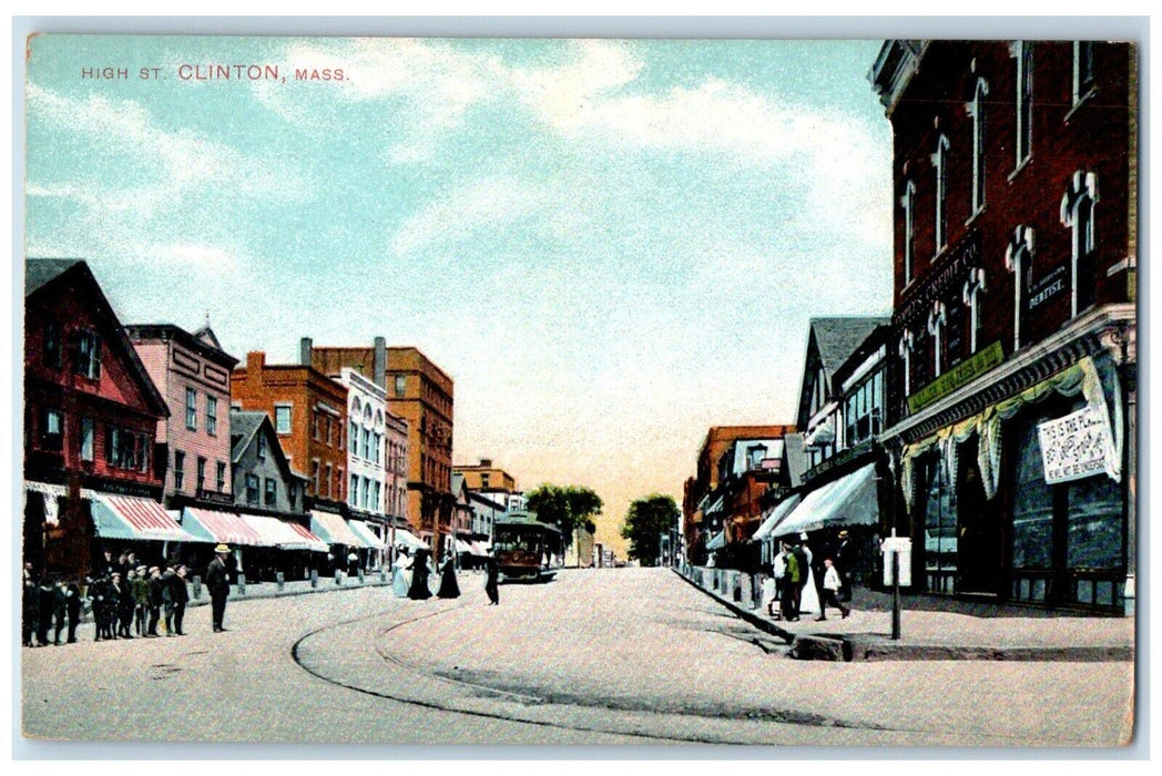 c1910's High Street View Stores Trolley Clinton Massachusetts MA Postcard