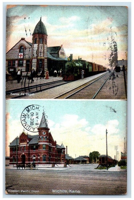 1908 Santa Fe Depot And Missouri Pacific Depot Wichita KS, Dual View Postcard