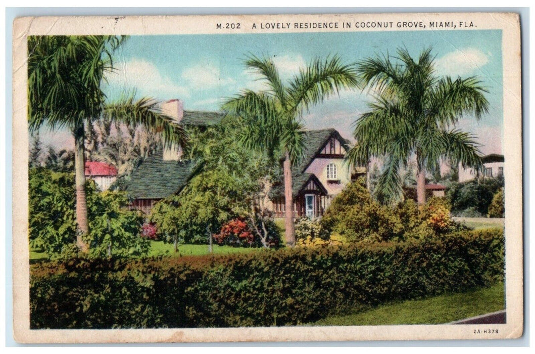 1933 Lovely Residence Coconut Grove Garden Road Miami Florida FL Posted Postcard