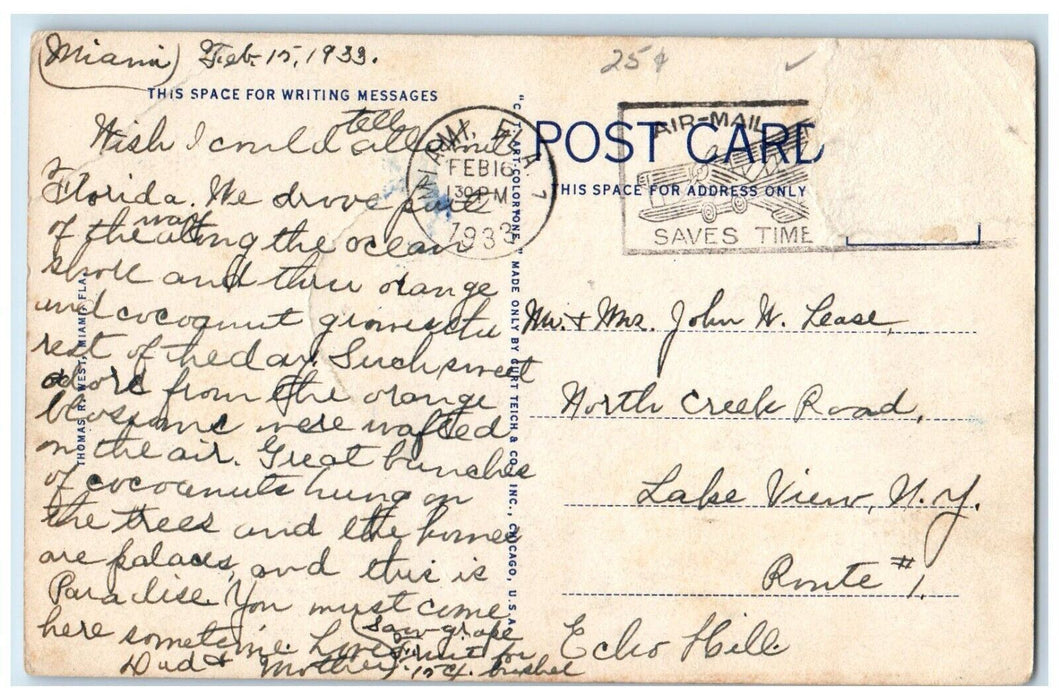 1933 Lovely Residence Coconut Grove Garden Road Miami Florida FL Posted Postcard