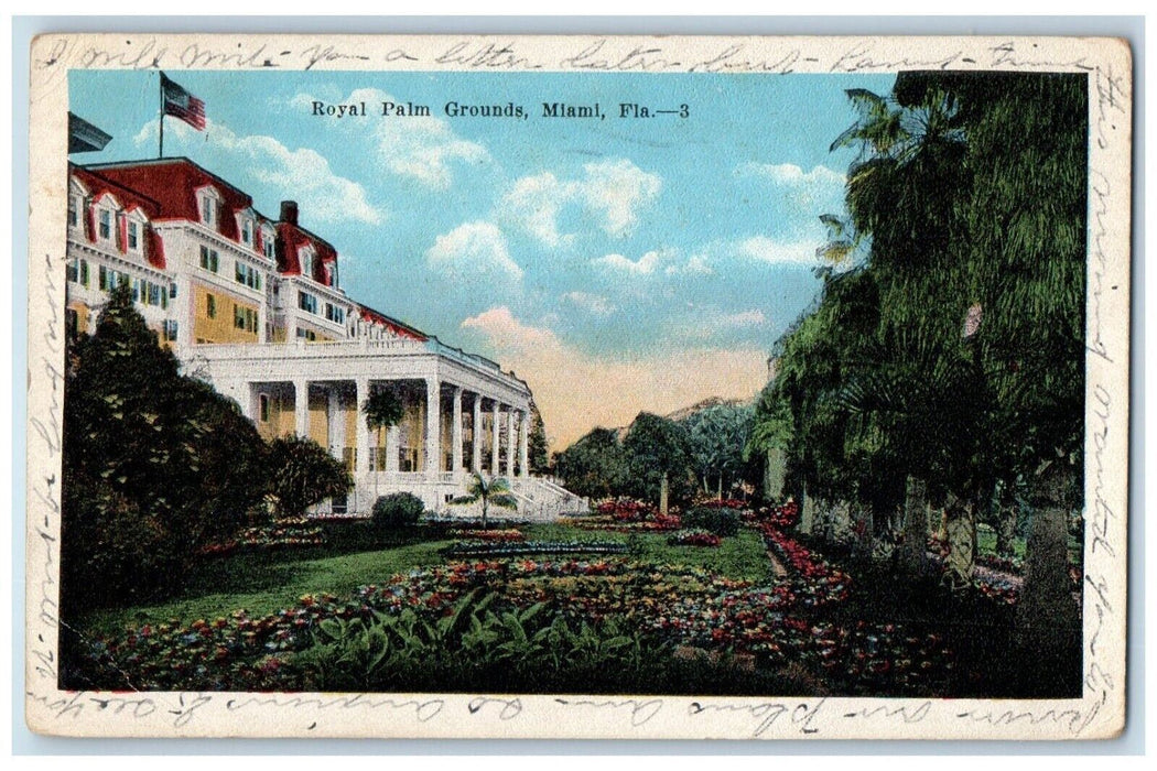 1922 Royal Palm Grounds Miami Florida Station Flowers Garden FL Posted Postcard