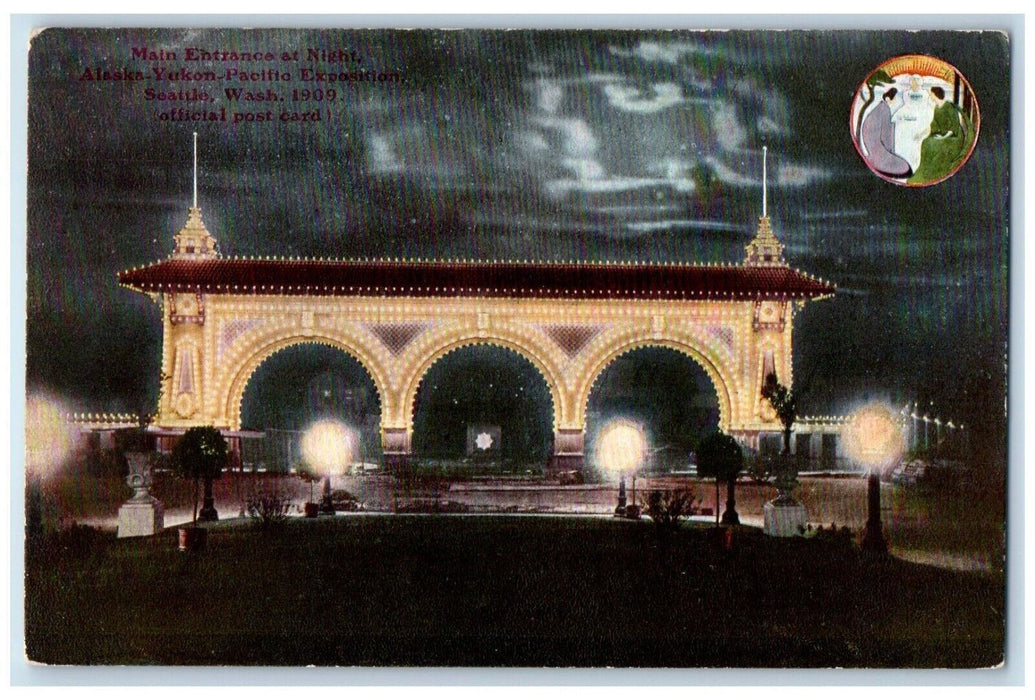1909 Main Entrance At Night Alaska Yukon Pacific Exposition Seattle WA Postcard