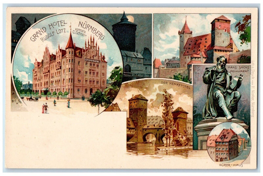 c1910's Grand Hotel Rudolf Lotz Nurenberg Germany, Multiview Antique Postcard