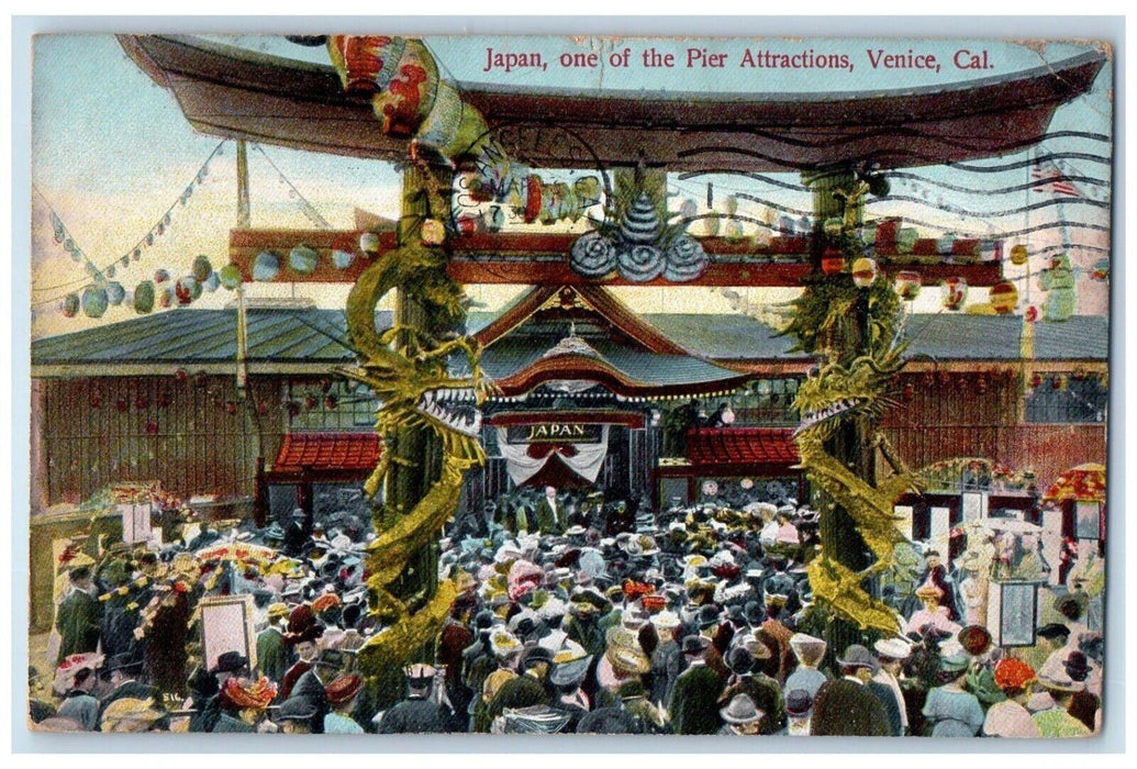 1907 Crowd Japan Pier Attractions Venice Los Angeles California Antique Postcard