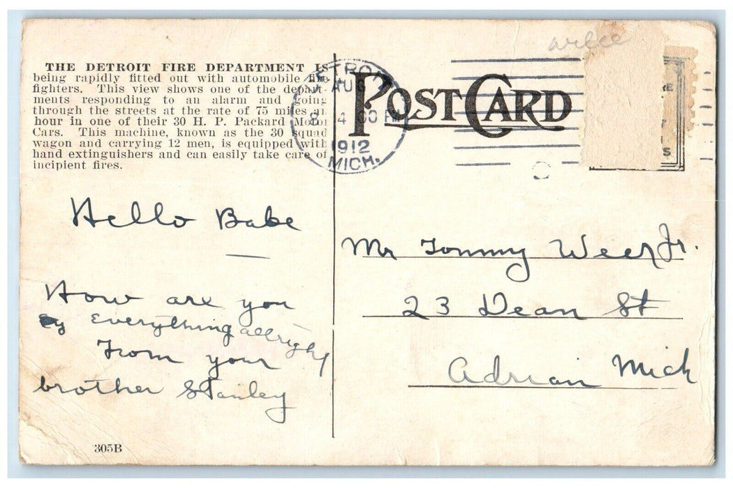 1912 Fire Department Automobile Detroit Michigan MI Posted Antique Postcard