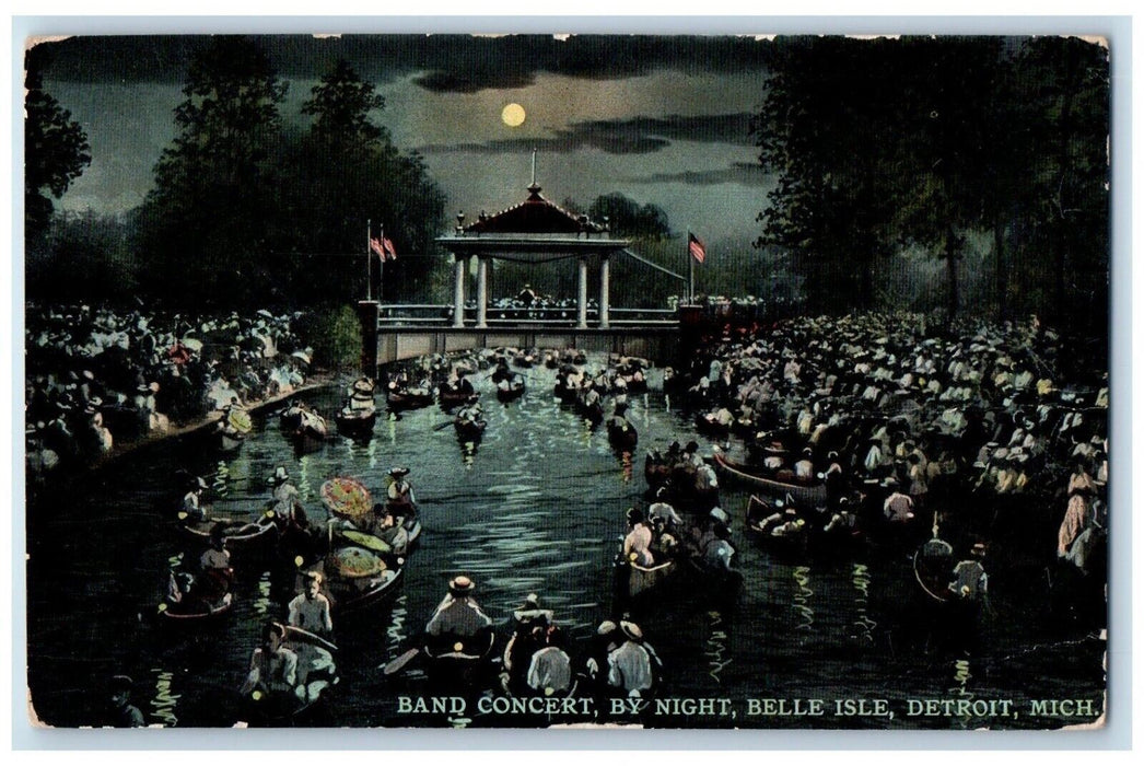 1911 Band Concert By Night Belle Isle Detroit Michigan MI Antique Postcard