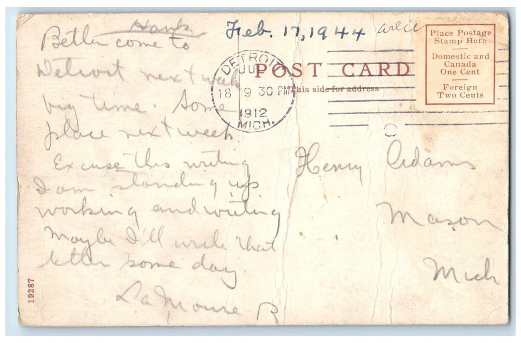 1912 Boating On Detroit River Detroit Michigan MI Posted Antique Postcard