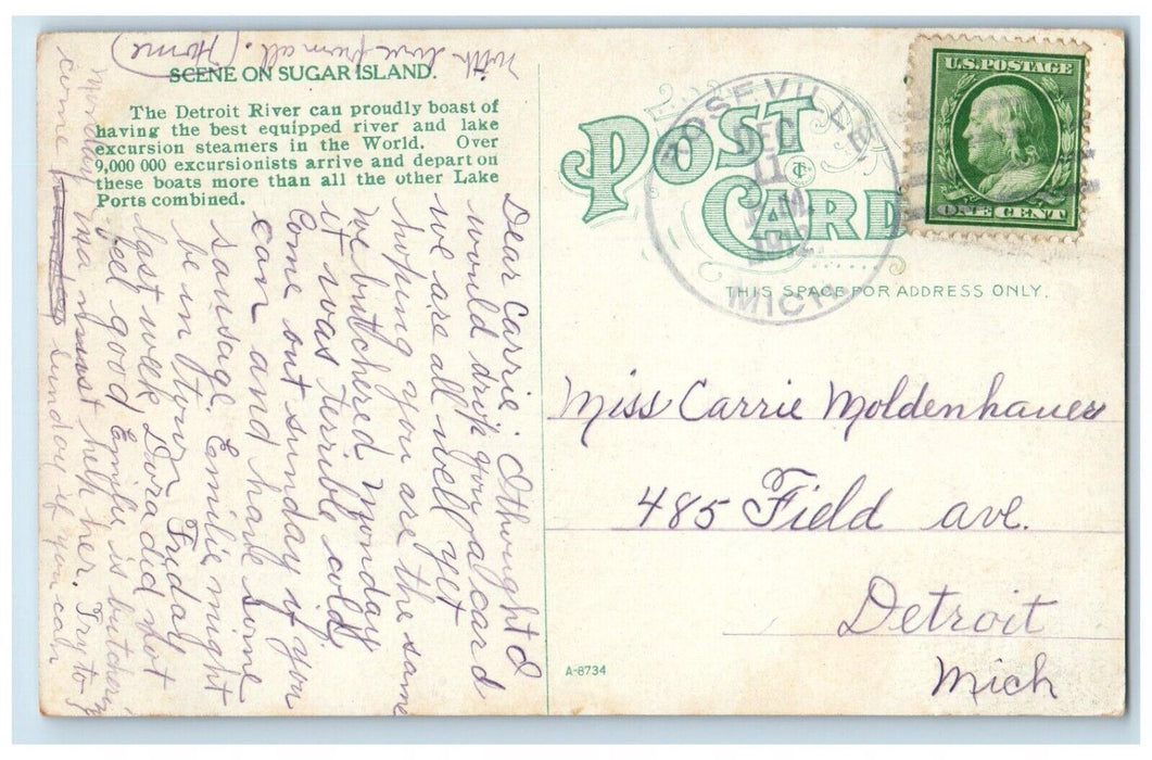 1912 Scene On Sugar Island Roseville Michigan MI Posted Antique Postcard