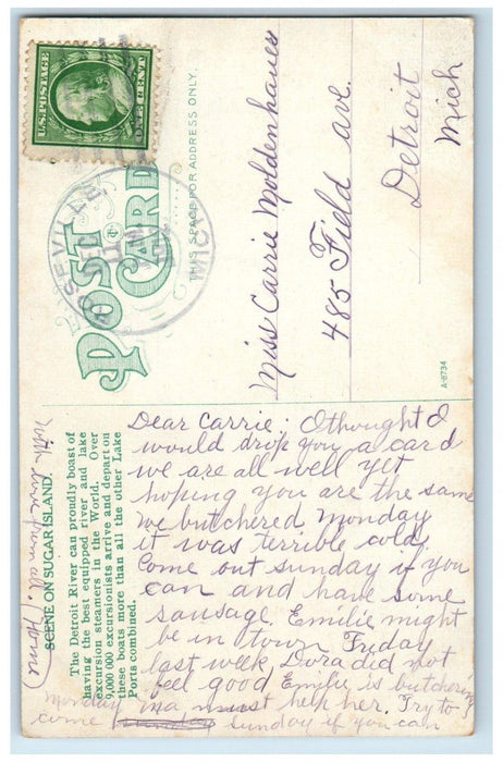 1912 Scene On Sugar Island Roseville Michigan MI Posted Antique Postcard