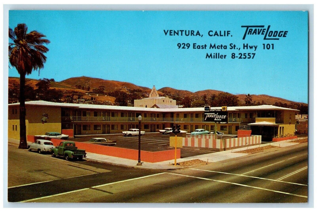 1960 Exterior Roadside View Classic Cars Travelodge Ventura California Postcard