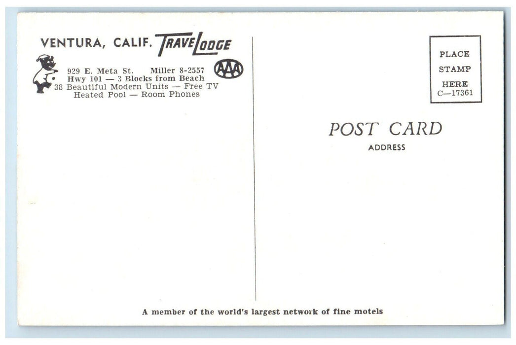 1960 Exterior Roadside View Classic Cars Travelodge Ventura California Postcard