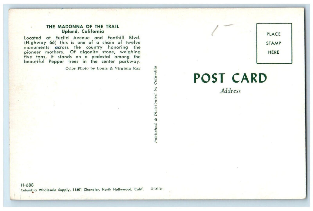 1960 Madonna of the Trail Monument Honoring Mothers Upland California Postcard