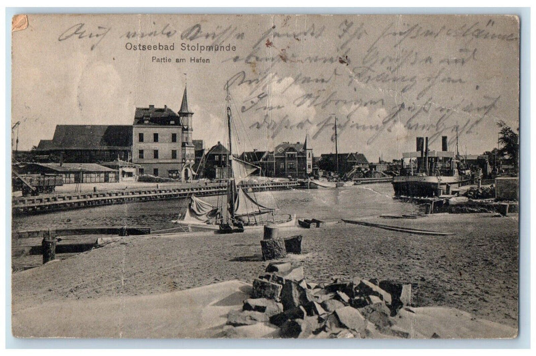 c1910's Ostseebad Stolpmunde Partie Am Hafen Boat Ustka Poland Antique Postcard