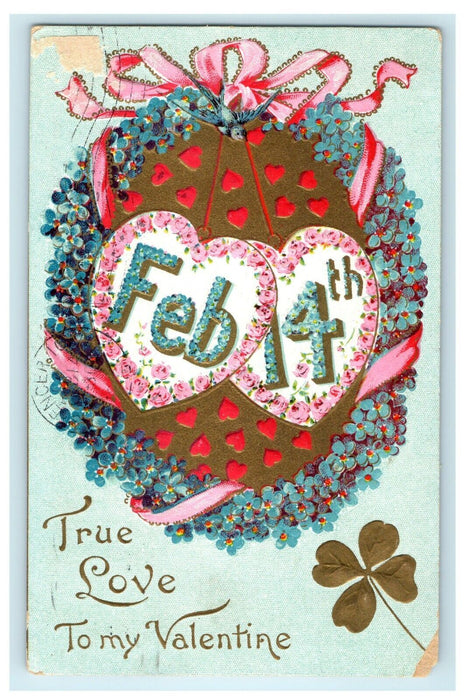 1912 Flower Filled Heart Clover Embossed Valentine Lansing Michigan MI Postcard