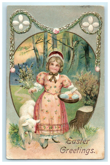 1908 Easter Greetings Girl Dress Pink Holding Eggs With Lamb Embossed Postcard