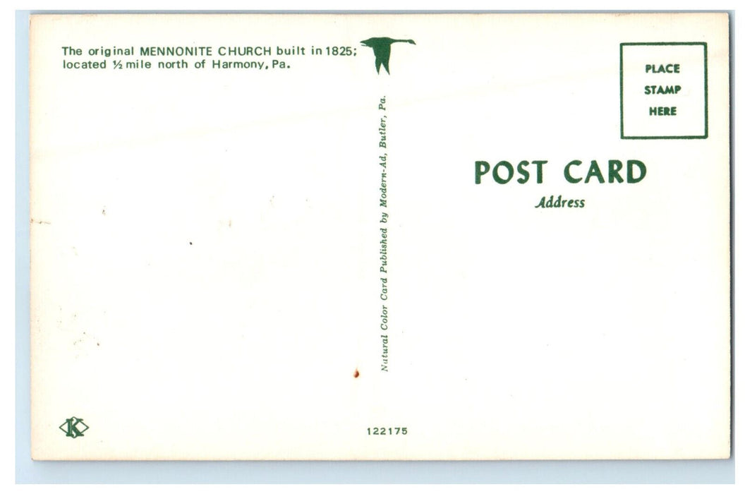 c1960s The Original Mennonite Church, 1/2 Mile North of Harmony PA Postcard