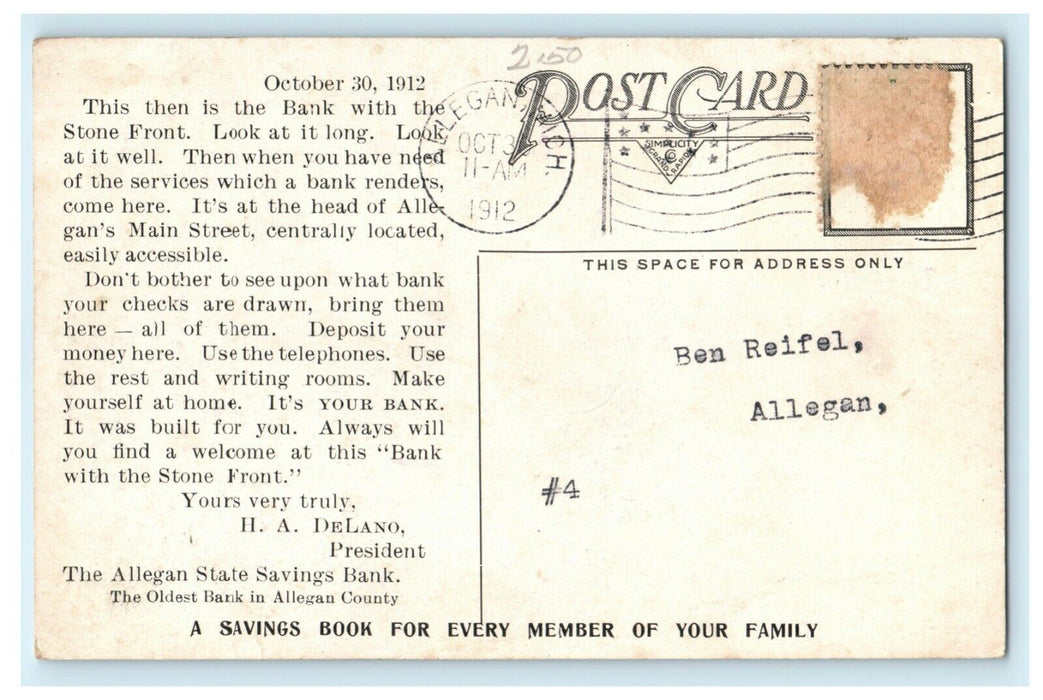 1912 Allegan State Savings Bank Advertising Michigan MI Posted Antique Postcard