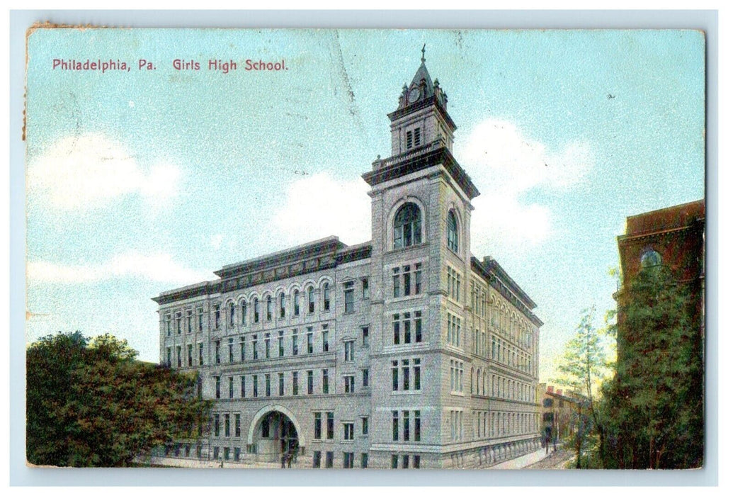 1908 Philadelphia PA, Girls High School Building Street View Antique Postcard