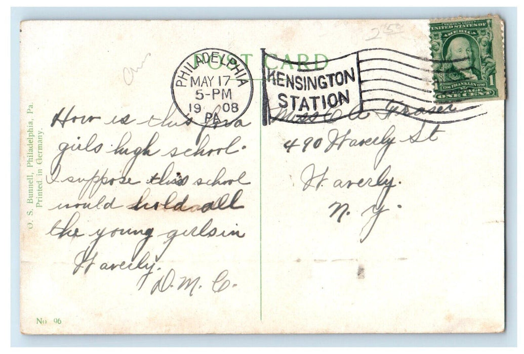 1908 Philadelphia PA, Girls High School Building Street View Antique Postcard
