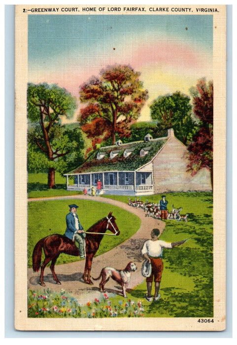 1948 Horse, Dog, Greenway Court Home of Lord Fairfax Clarke County VA Postcard