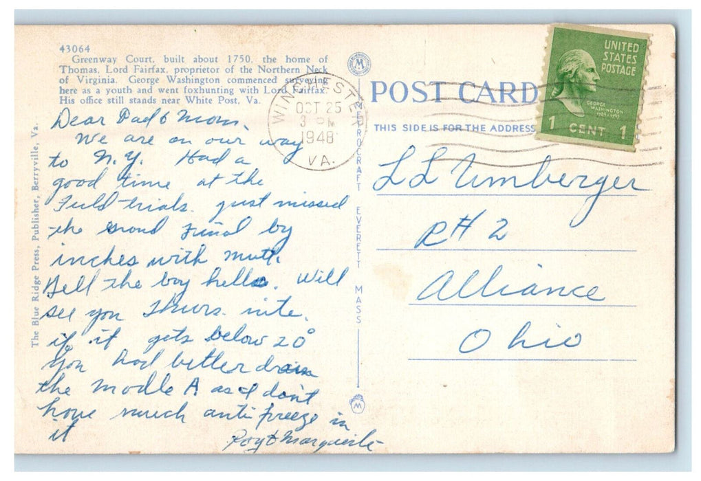 1948 Horse, Dog, Greenway Court Home of Lord Fairfax Clarke County VA Postcard
