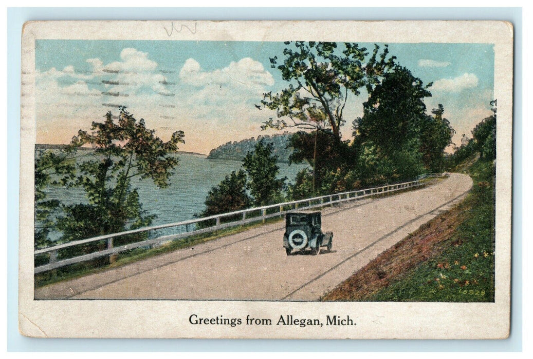 1929 Vintage Car Moving, Greetings from Allegan Michigan MI Postcard