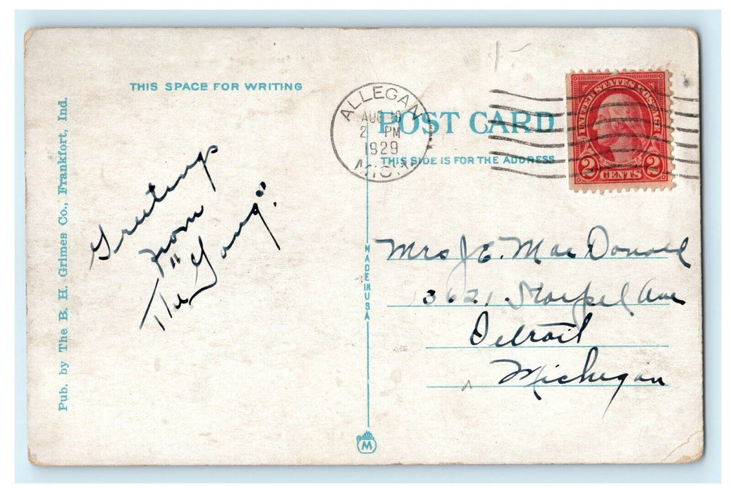 1929 Vintage Car Moving, Greetings from Allegan Michigan MI Postcard