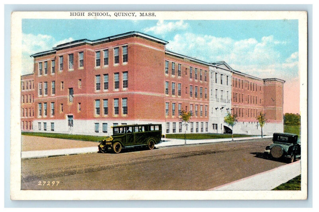 1928 High School Building Cars Quincy Massachusetts MA Posted Vintage Postcard
