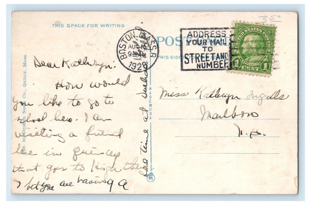 1928 High School Building Cars Quincy Massachusetts MA Posted Vintage Postcard