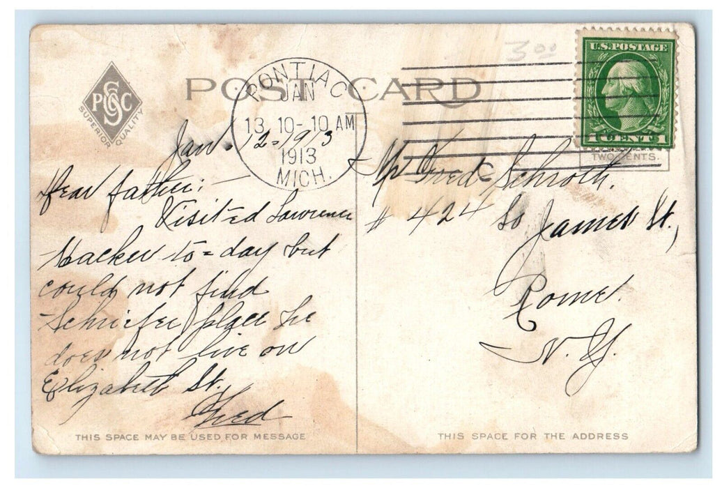 1913 High School Park Fountain Pontiac Michigan MI Posted Antique Postcard