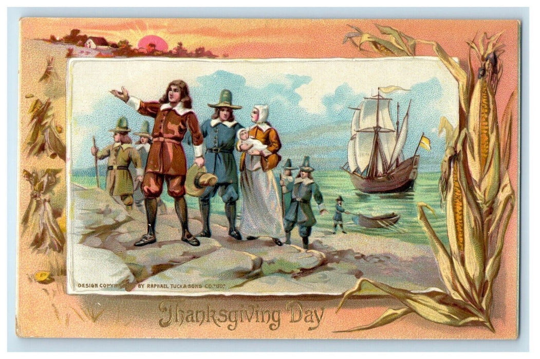 c1910's Thanksgiving Day King And Queen Pilgrims Arrival Boat Tuck's Postcard