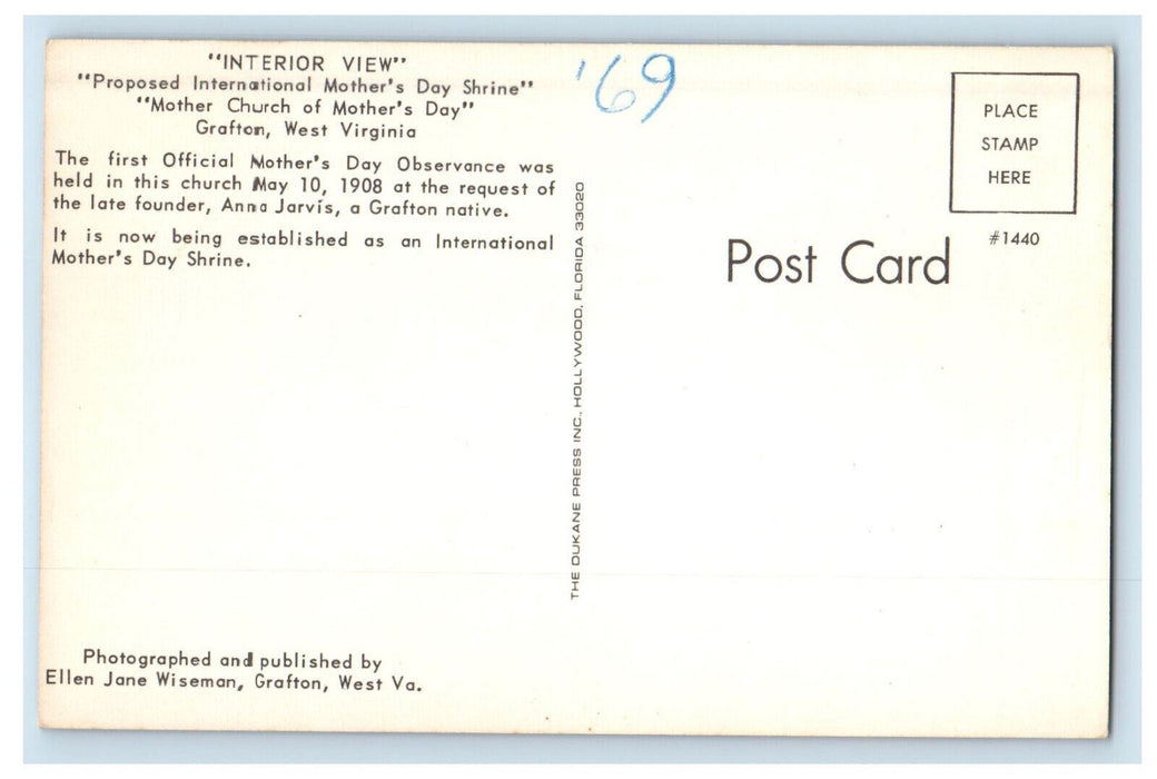 c1950s Interior View, Shrine, Mother Church of Mothers Day Grafton WV Postcard