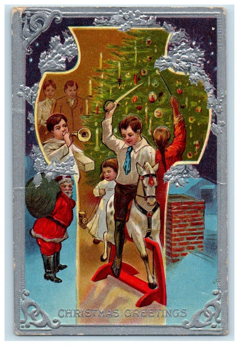 c1910's Christmas Greetings Santa Claus Rocking Horse Trumpet Embossed Postcard