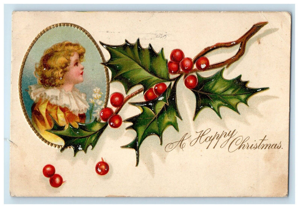 1907 Happy Christmas Clapsaddle (?) Girl Brown Curly Hair Holly Berries Postcard