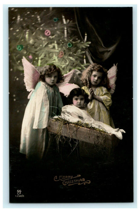 Christmas Girl Angels EAS HandPainted Glossy RPPC 1911 Wayne NE Antique Postcard