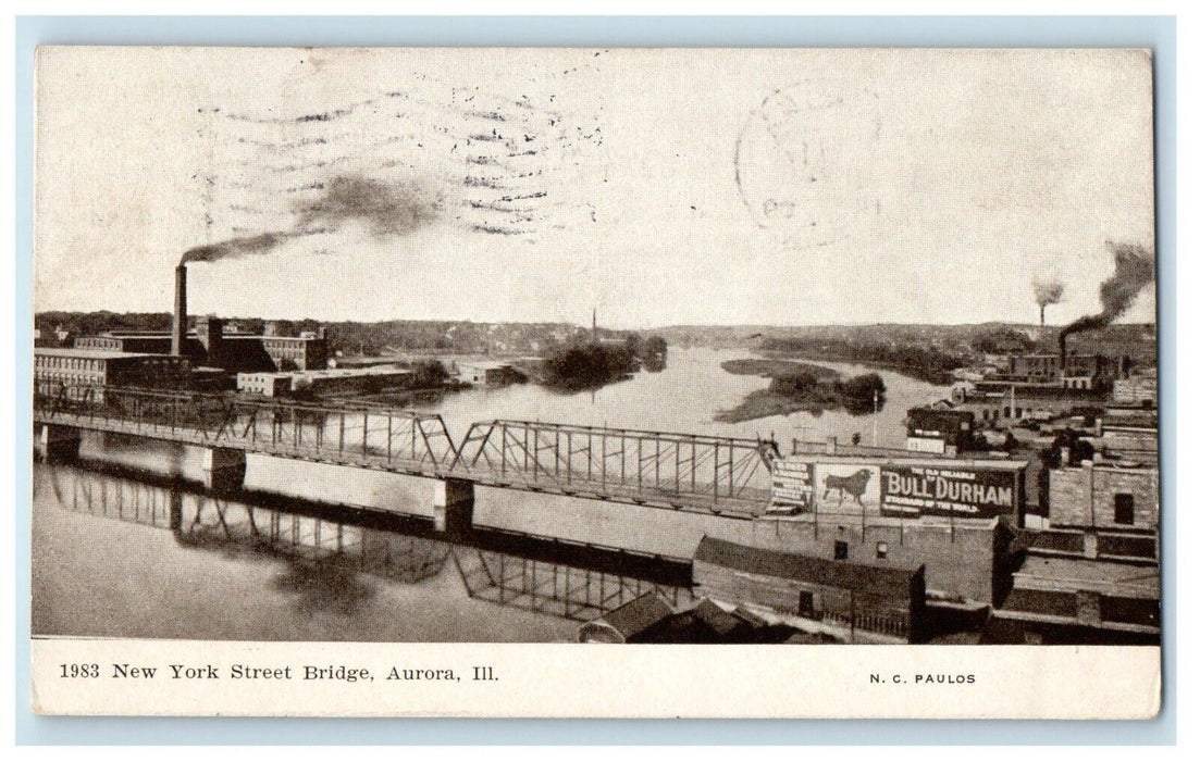 1909 New York Street Bridge Bull Durham Aurora Illinois IL Antique Postcard