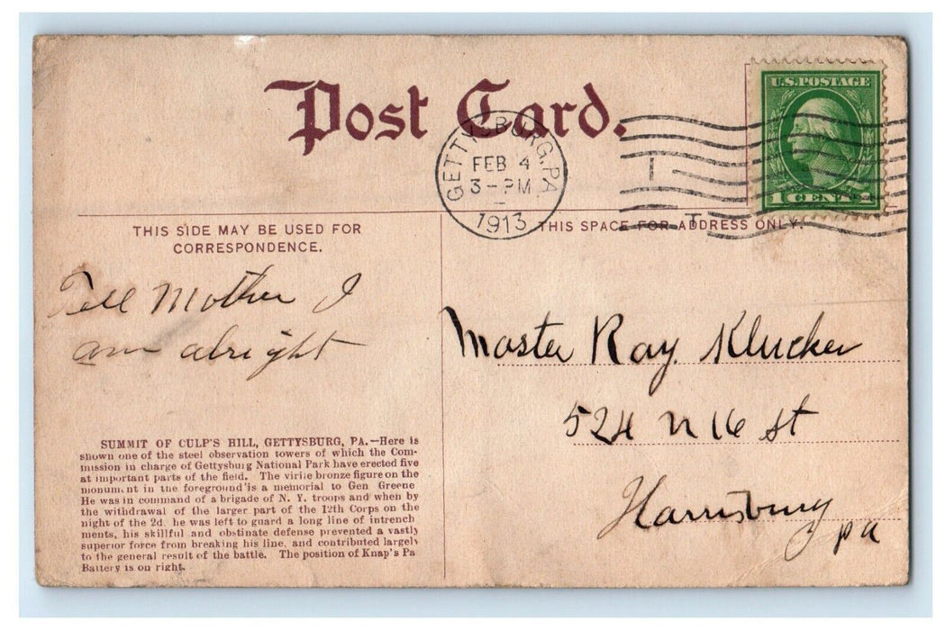 1913 Summit Of The Culps Hill Gettysburg Pennsylvania PA Posted Antique Postcard