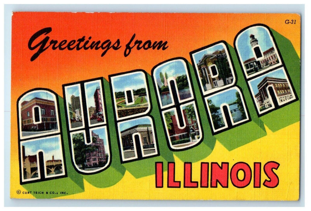c1930's Greetings From Aurora Illinois IL, Large Letters Posted Antique Postcard