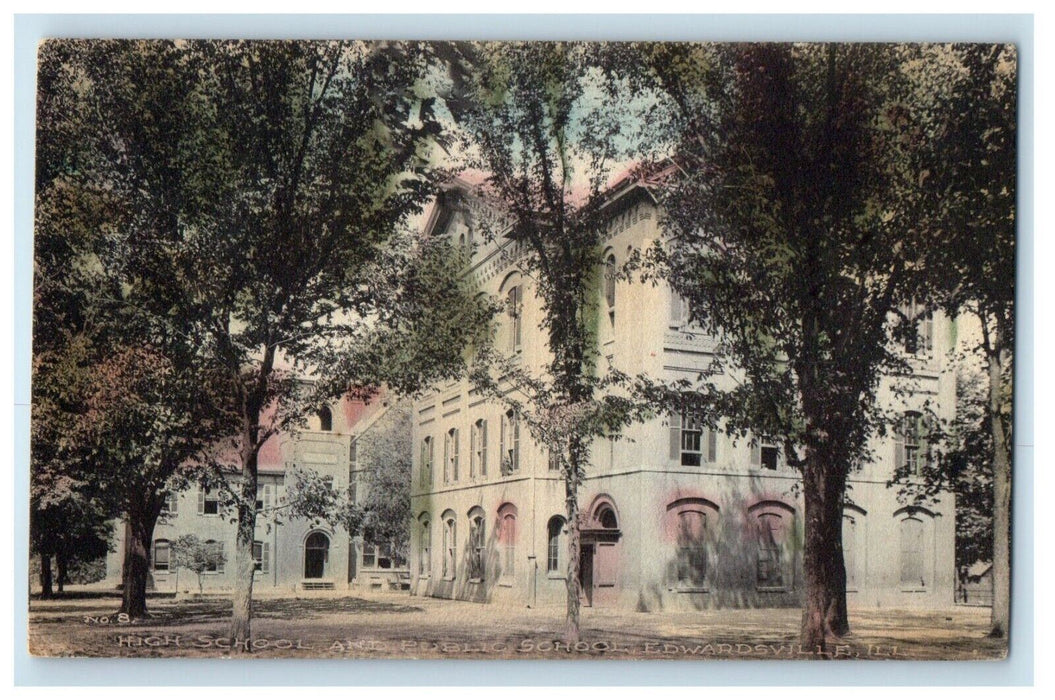 1908 High School And Public School Edwardsville Illinois IL Antique Postcard