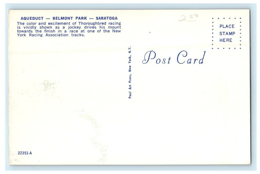 c1950's Aqueduct Belmont Park Saratoga Thoroughbred Horse Racing NY Postcard