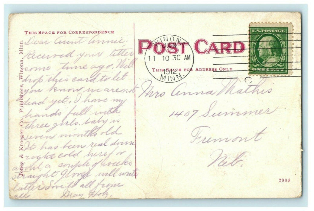 Levee Park Winona Minnesota 1912 Fremont Nebraska Vintage Antique Postcard