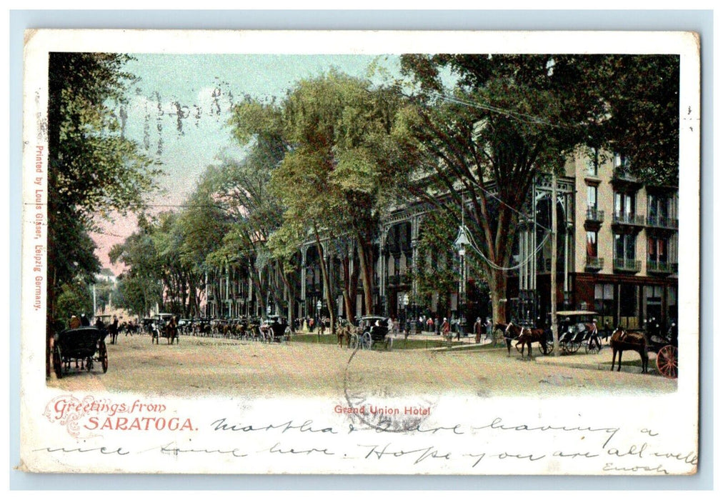 1907 Greetings From Saratoga NY Grand Union Hotel Antique Postcard
