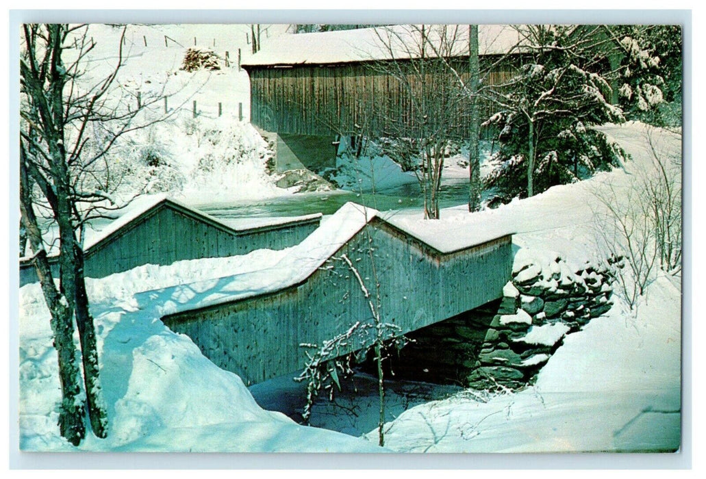 c1930s Old Covered Bridges Lamoille County Winter Waterville Vermont VT Postcard