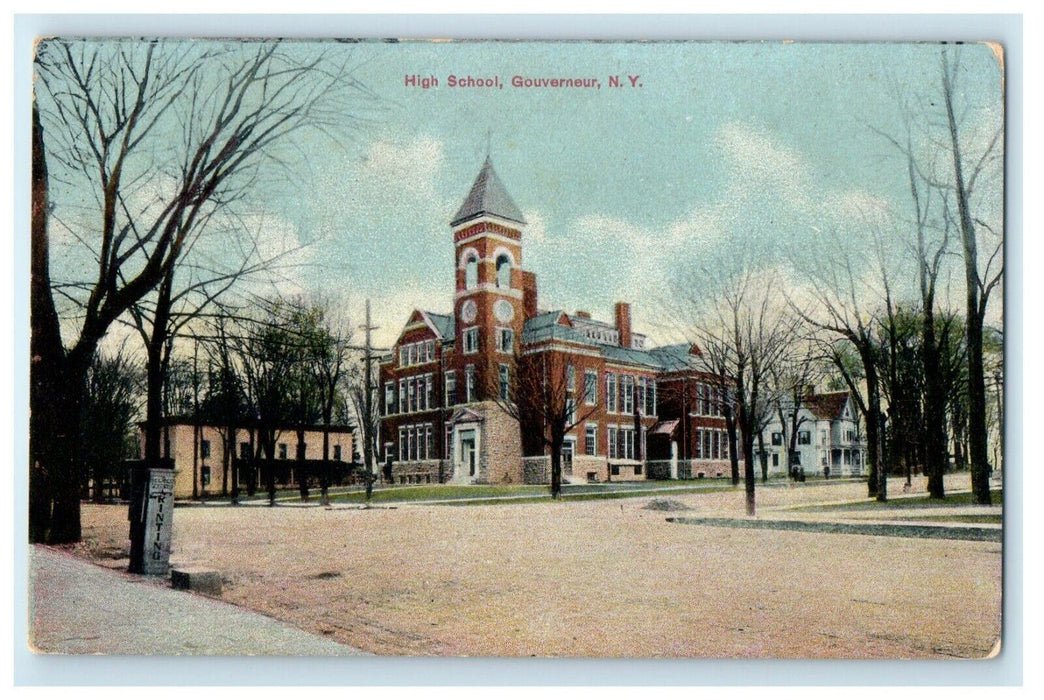 1913 High School Building Street View Gouverneur New York NY Antique Postcard