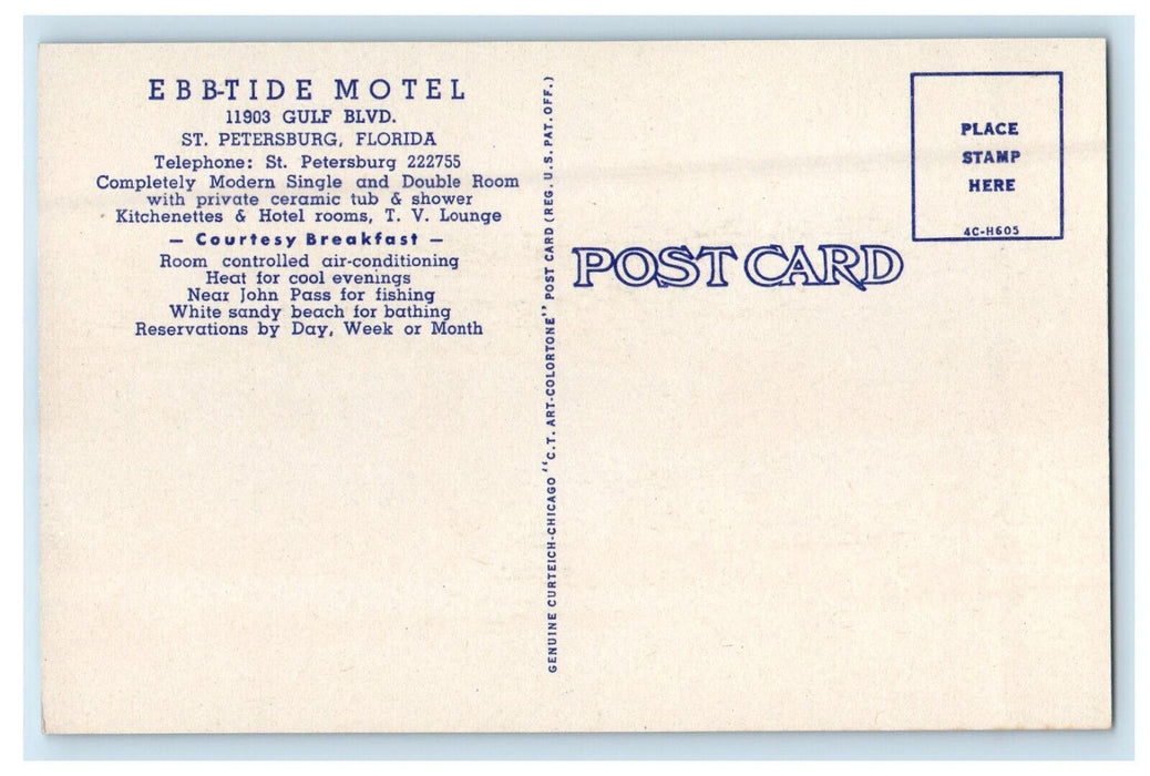 c1940s Ebb-Tide Motel 11903 Gulf Boulevard, St Petersburg Florida FL Postcard