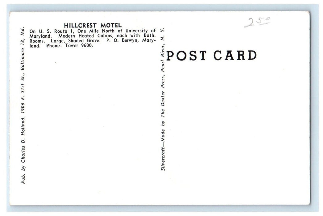 c1930's Hillcrest Motel On U.S. Route 1 Berwyn Maryland MD Vintage Postcard