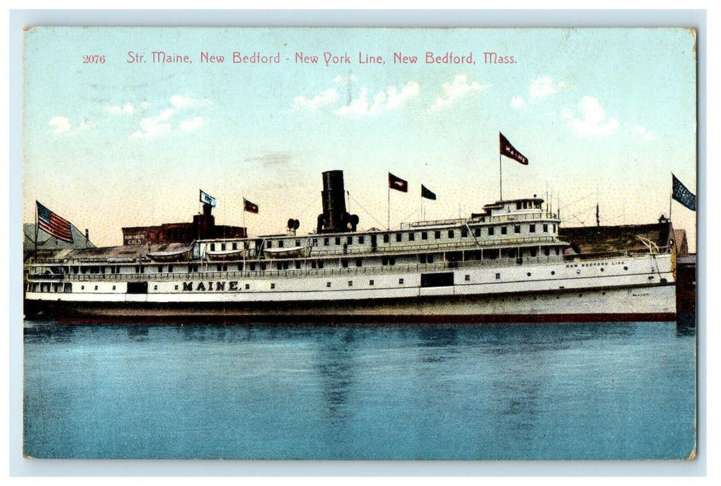 1909 Steamer Ship Maine New York Line, New Bedford Massachusetts MA Postcard