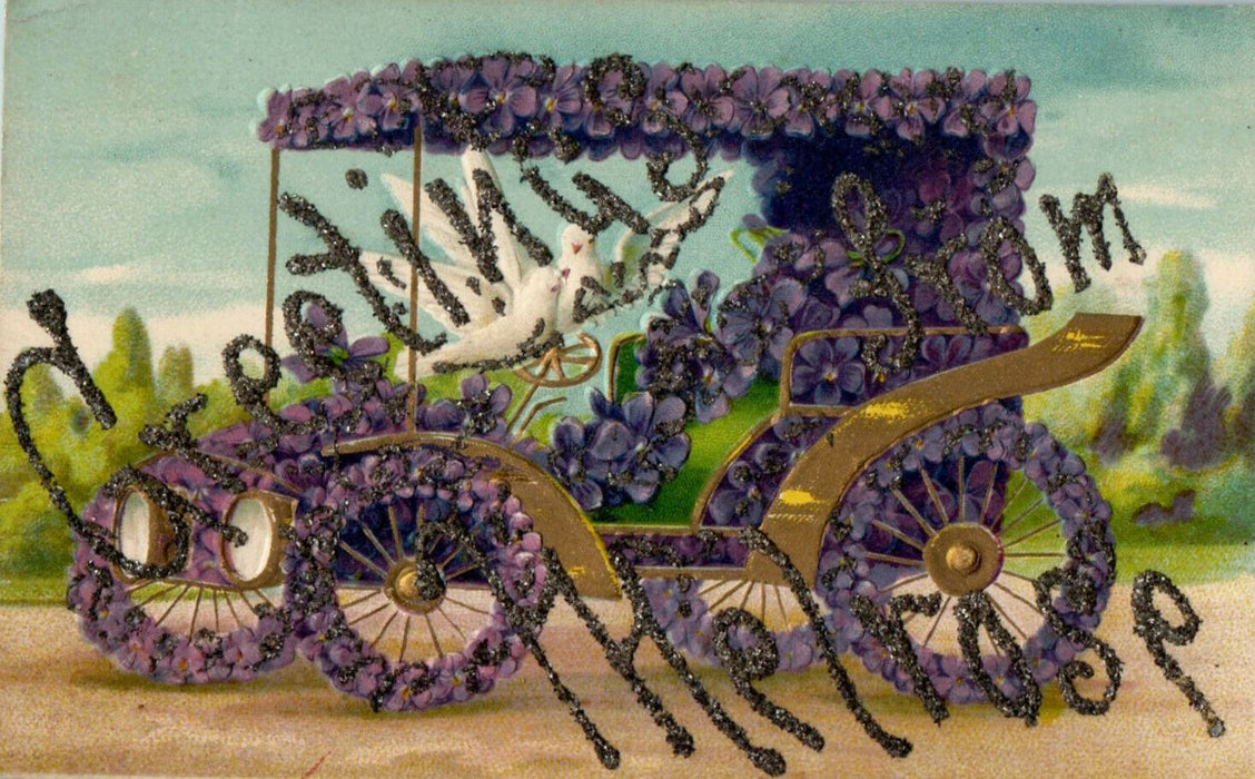 c1905 Flowers Antique Car Greetings from Melrose Glitter Embossed Postcard