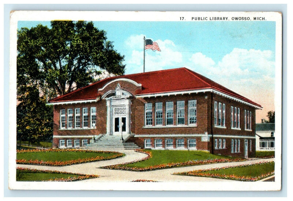 1925 View Of Public Library Building Owosso Michigan MI Vintage Postcard